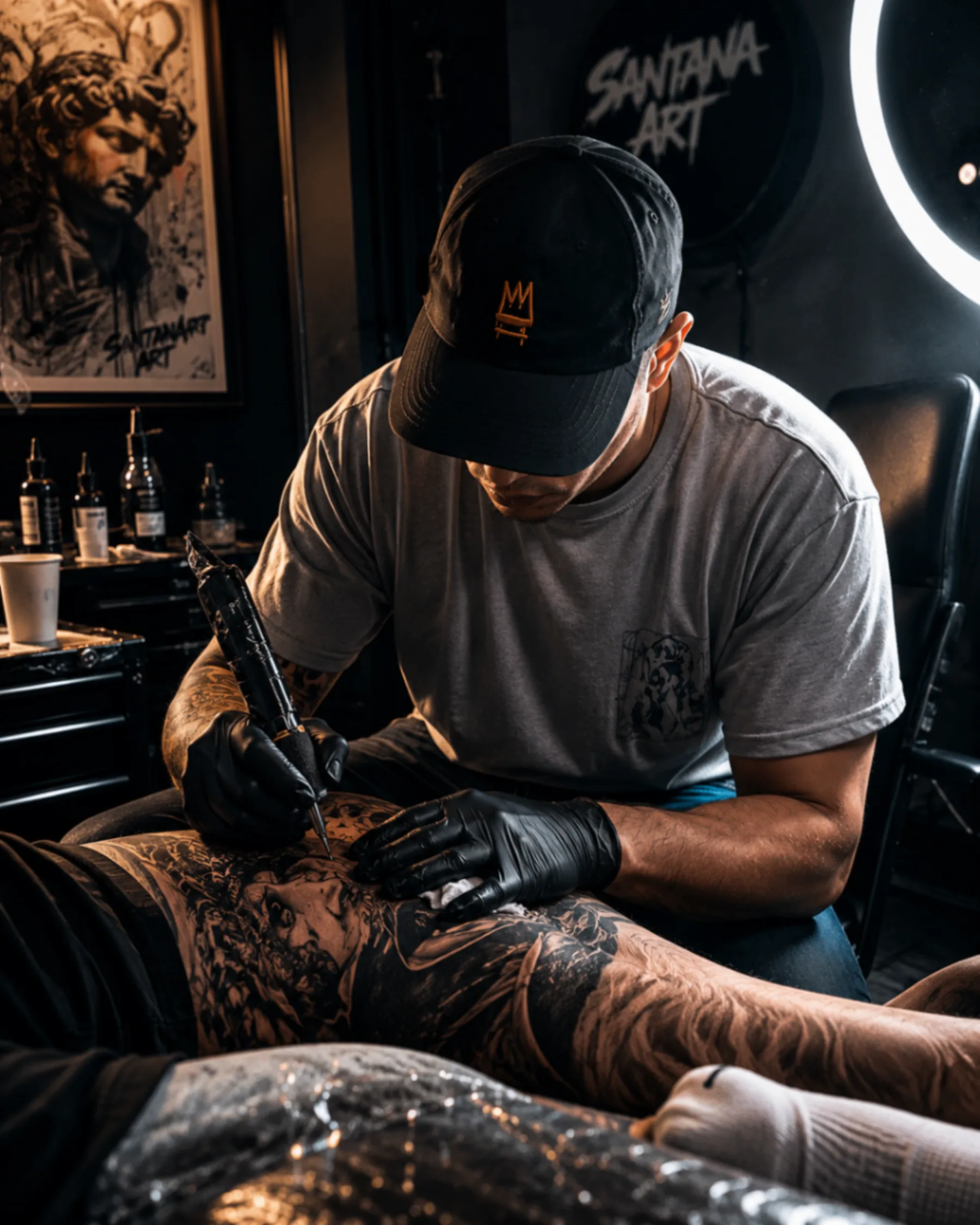 Artista tatuando en el estudio Santana Art